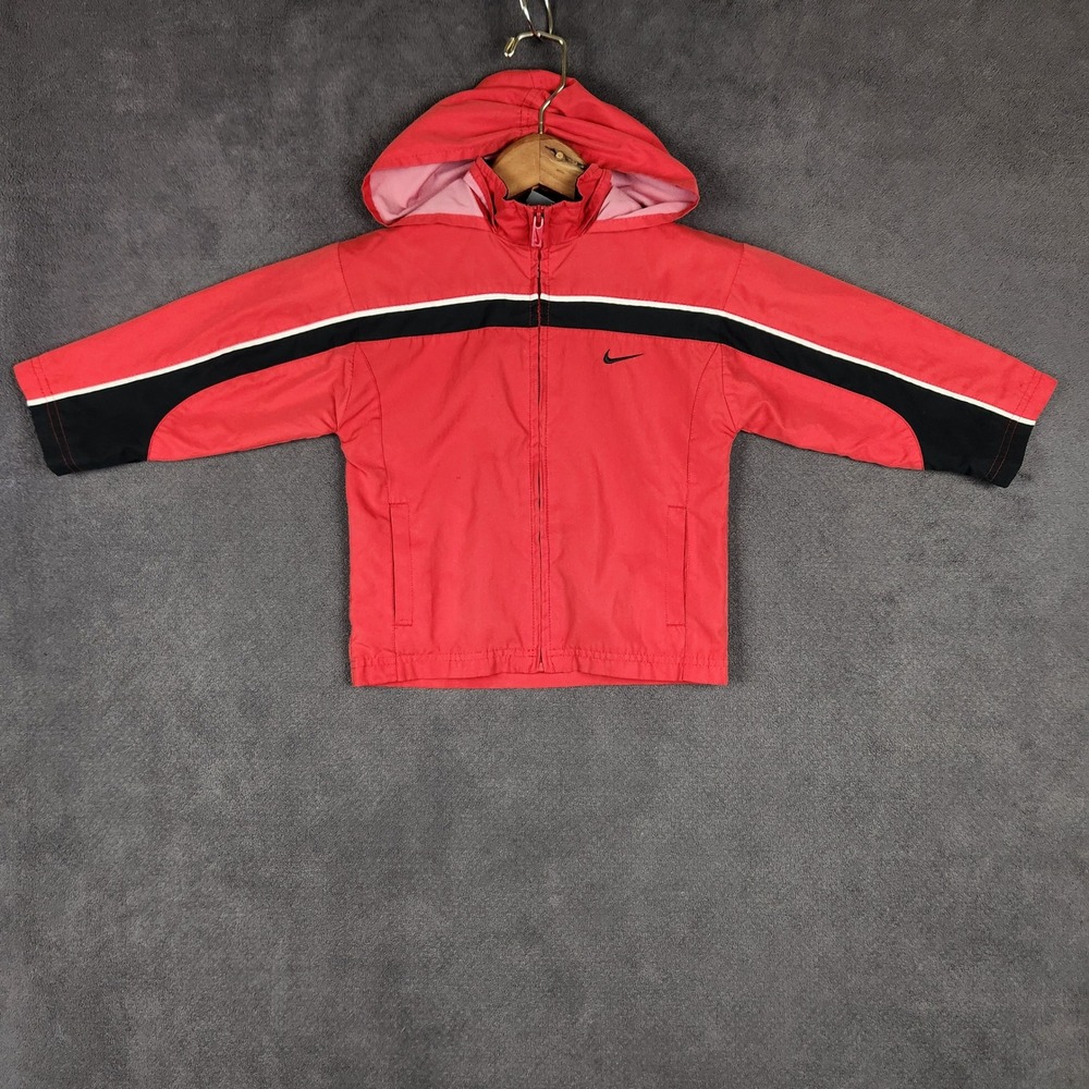 Nike Windbreaker Jacket Toddler 3T Red Black Full Zip Hidden Hood Mesh Lined